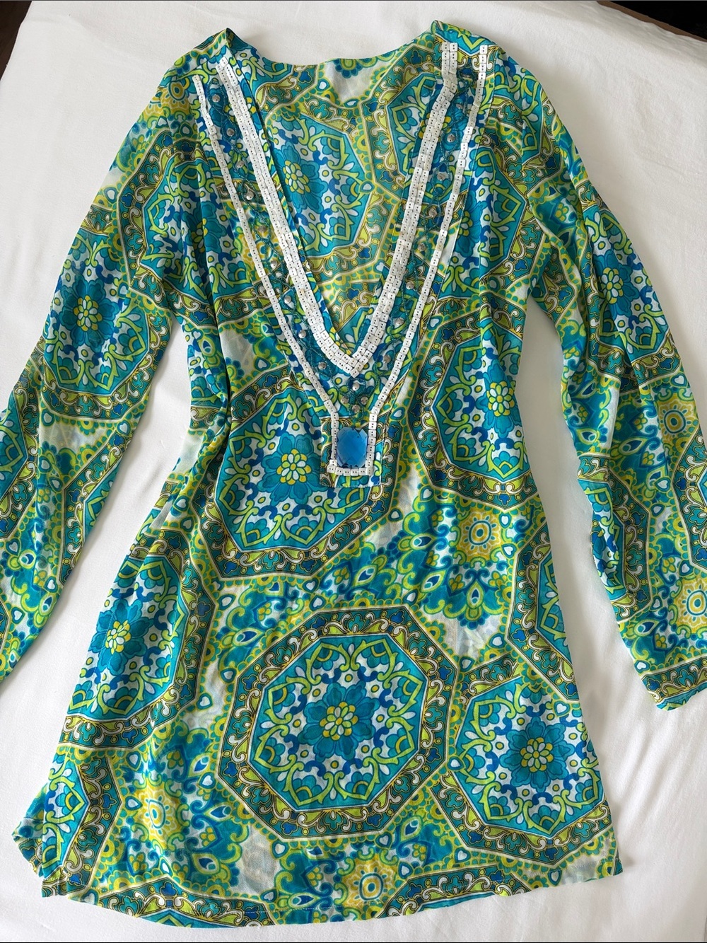 Jantzen Blue Green Paisley Swim Coverup Tunic with Beaded V-Neck M